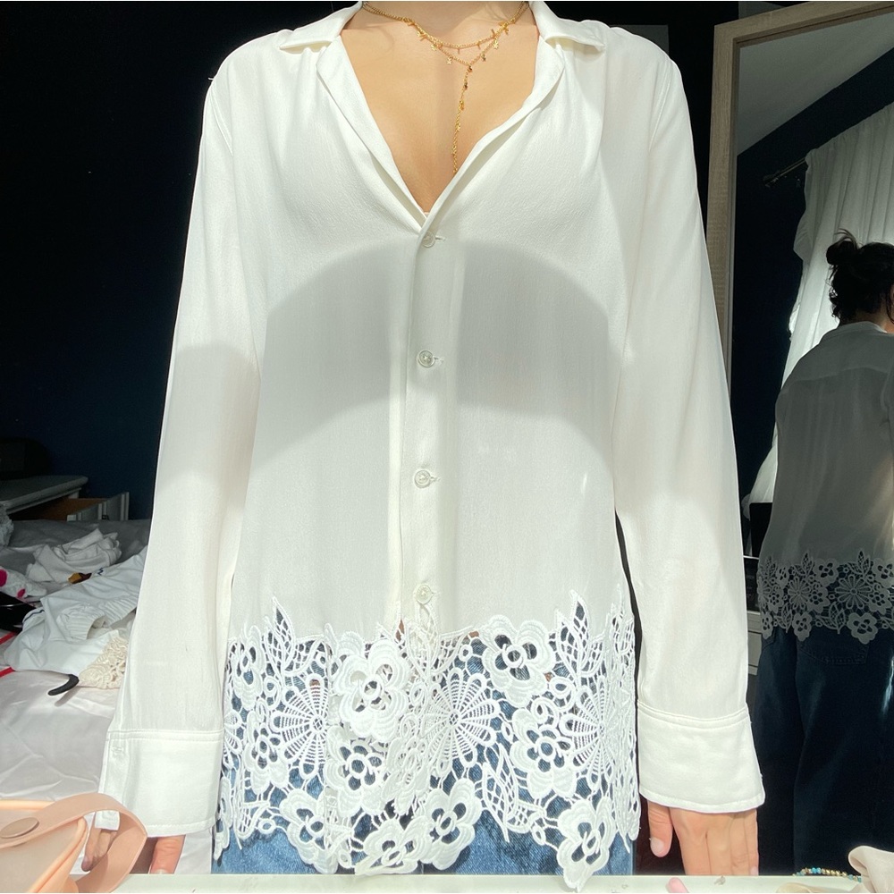 Equipment White Lace Embroidered 100% Silk Button Down Shirt